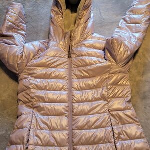 Anthony Marc Ladies Puffer Hooded Coat Size Medium EUC Purple Gray Color Fur